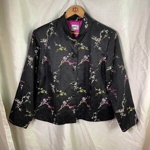 Plus Size Vintage 90’s Black Pink Satin Asian Floral Print Blazer Suit Jacket